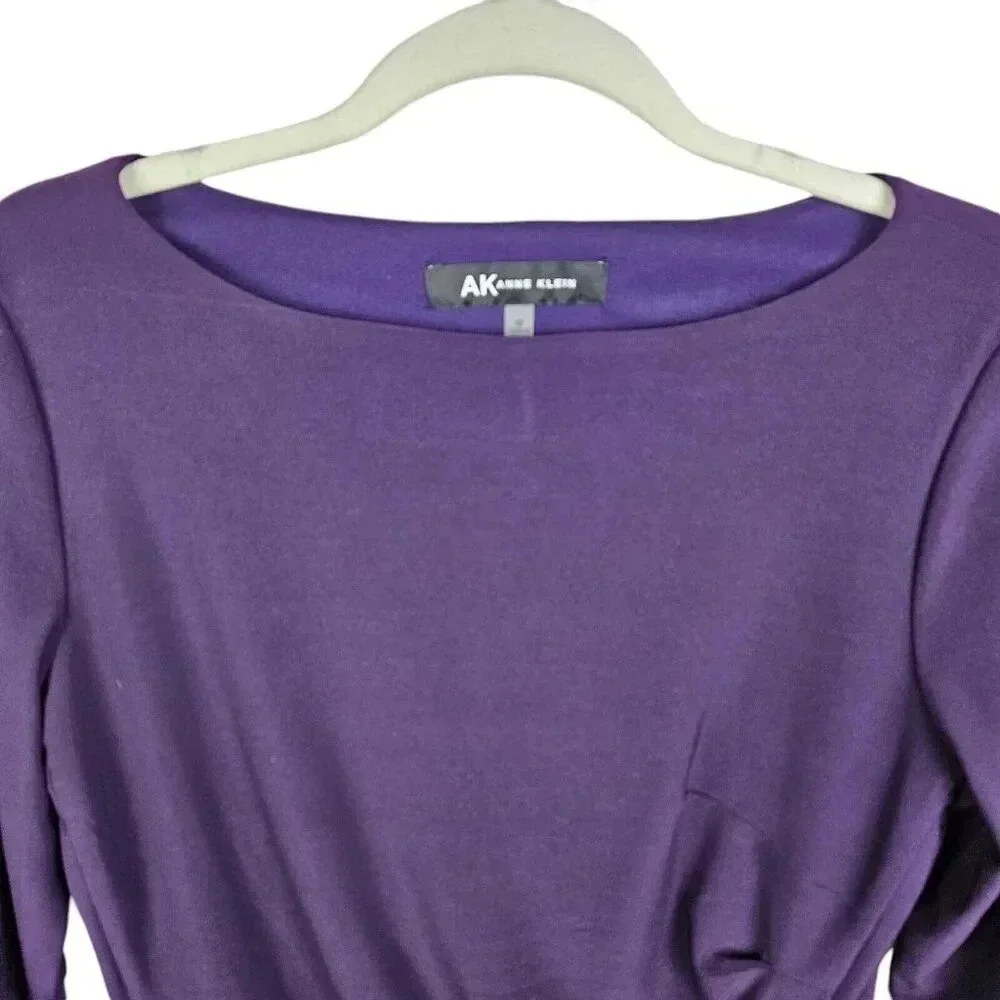 Anne Klein Purple Rouched 3/4 Bell‎ Sleeve Cocktail Evening Dress Size Medium